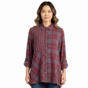 SOFT SURROUNDINGS Paramour Tunic red and grey Patchwork Plaid- stretchy.  Large